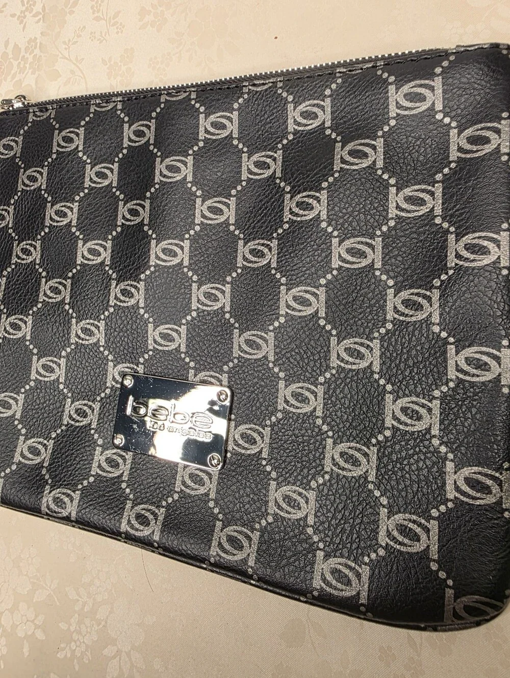 Bebe Black Silver All Over Monogram Logo Zip Wristlet Handbag Evening Bag